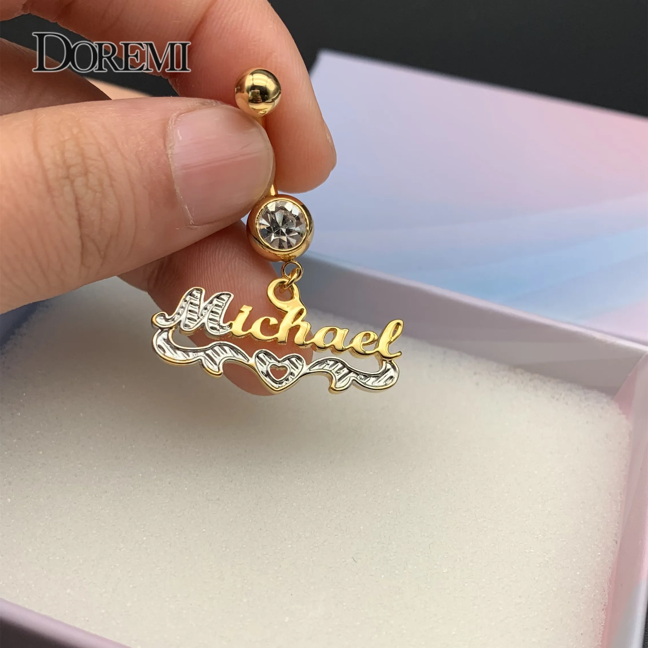 DOREMI 2Colors Custom Name Belly Ring Custom Body Jewelry Zircon Personalized Heart Letter Belly Ring Gold Color Gift for Women