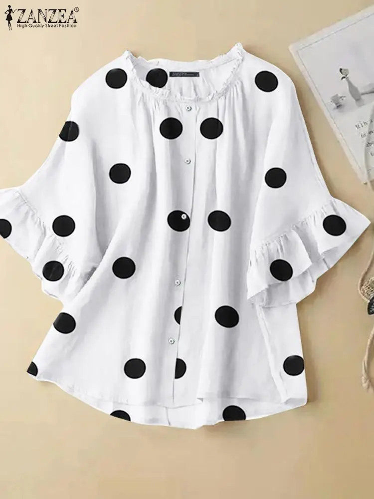 

Элегантная женская блузка с принтом в горошек ZANZEA, модная рубашка с оборками и рукавом 3/4 и круглым вырезом, Повседневная Туника, топы, летни...