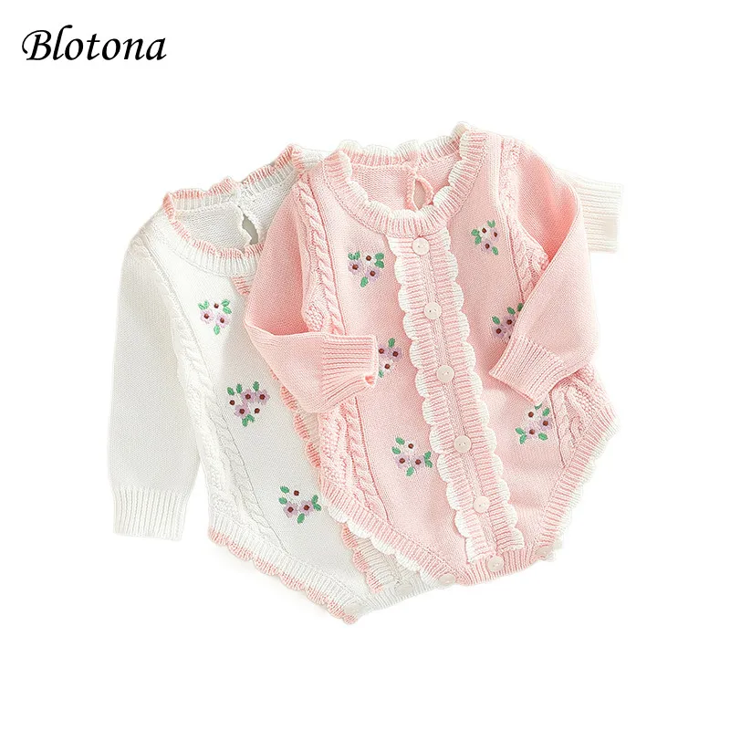 

Blotona Baby Sweet Romper, Flower Embroidery Round Neck Long Sleeve Knitted Bodysuit with Buttons for Girls, Pink/White 0-3Years
