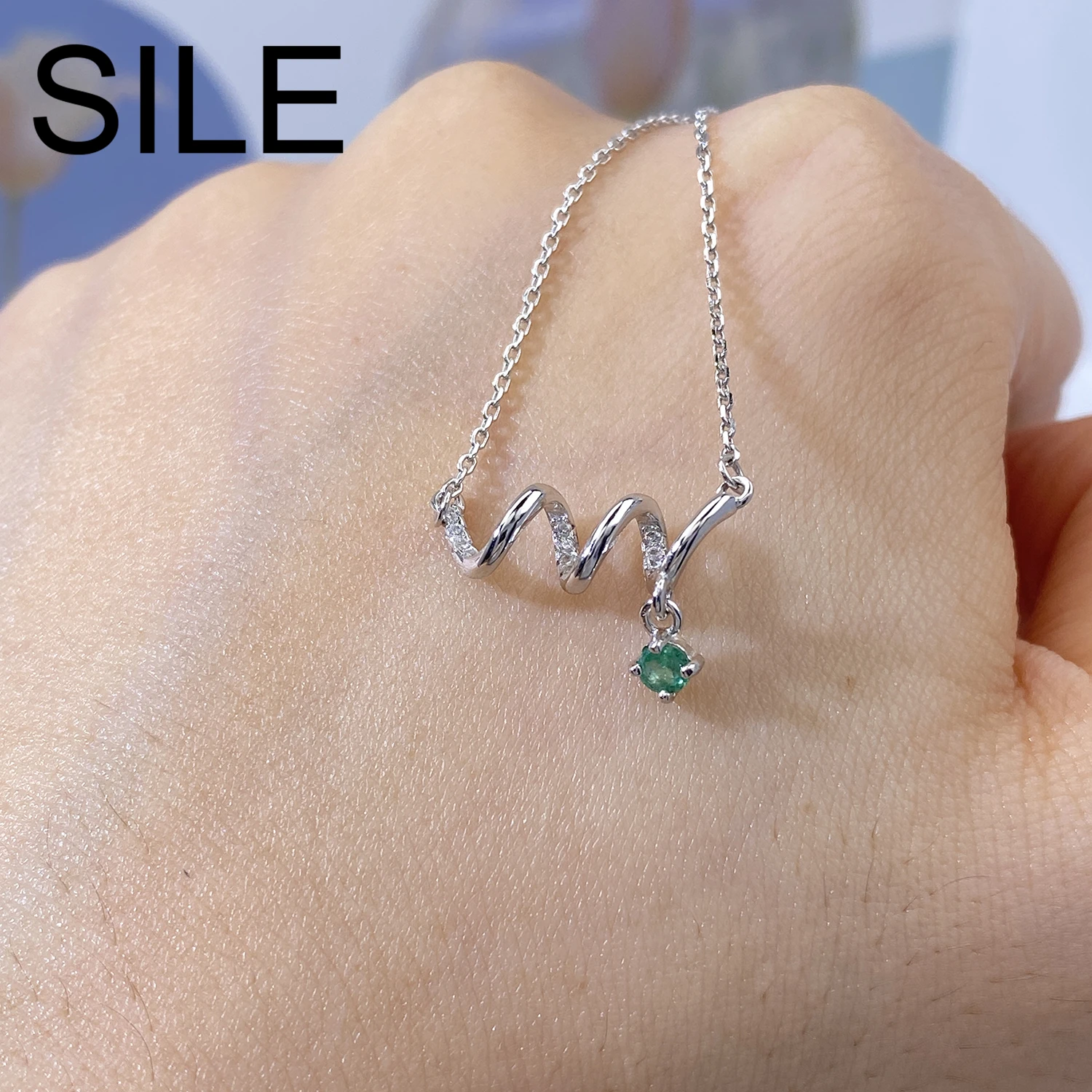 

SILE 925 Sterling Silver Women Necklaces Trendy Natural Emerald Zircon Curved Luxury Jewelry Wedding Party Birthday Jewel Gifts