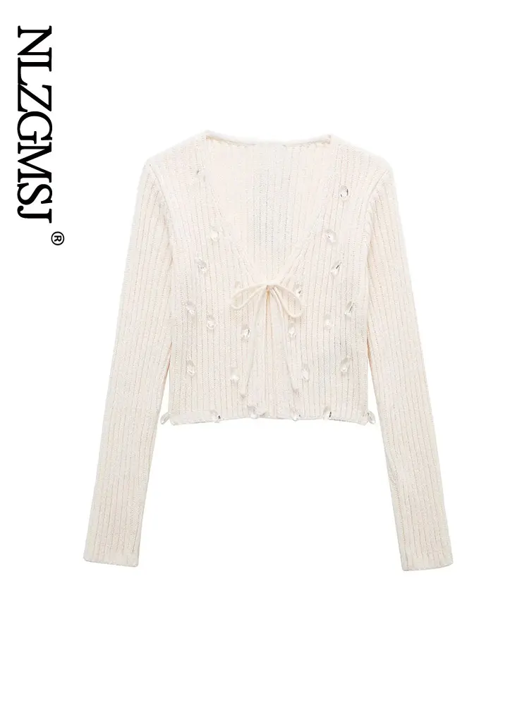 

Nlzgmsj 2023 Spring Retro Tie Front Pointelle Rib Cardigan Trimming Sexy Knitted Top Lacing up Cropped Sweater