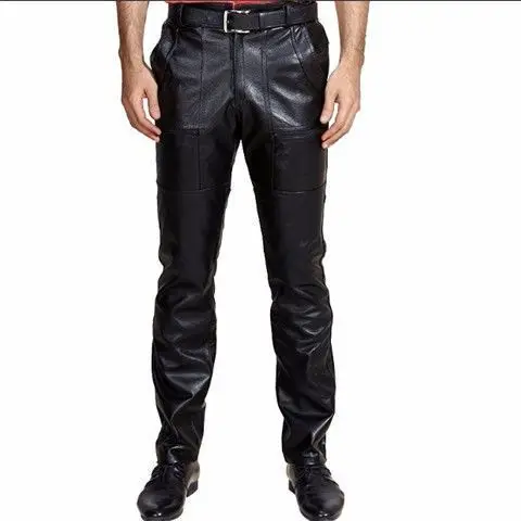 2022 Men's Slim Fit Skinny Pants Tight Stretch Leather Pants Motorcycle Slim Casual Long Pants Trousers PU Leather Pants T13