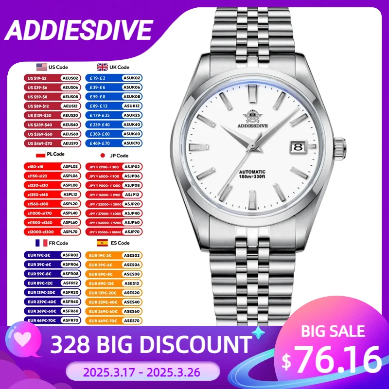 Мужские механические часы ADDIESDIVE AD2029 из нержавеющей стали