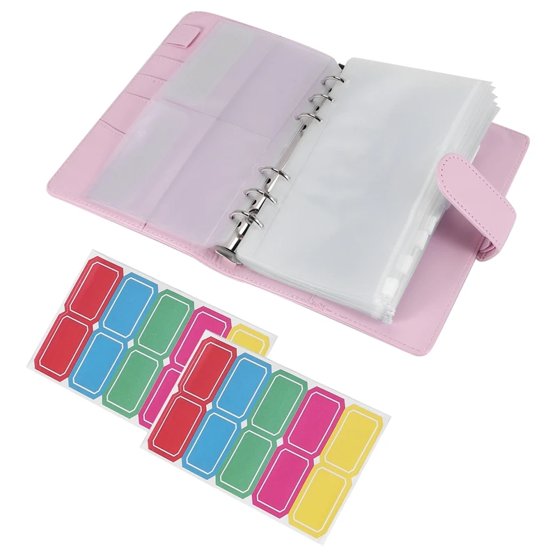 

A6 PU Ring Binder,6 Round Rings Notebook Binder 14Pcs Plastic Zippered Envelopes Pockets,With Label Stickers