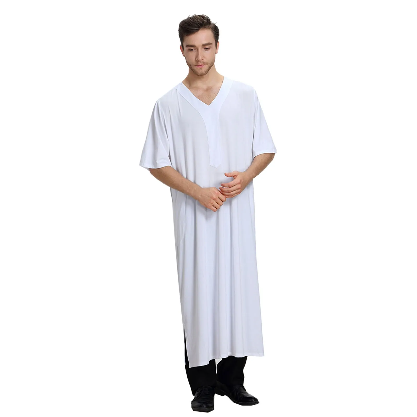 Men's Casual Muslim Arab Middle Solid Color Seven Point V Neck Robe social dress shirts Pullovers