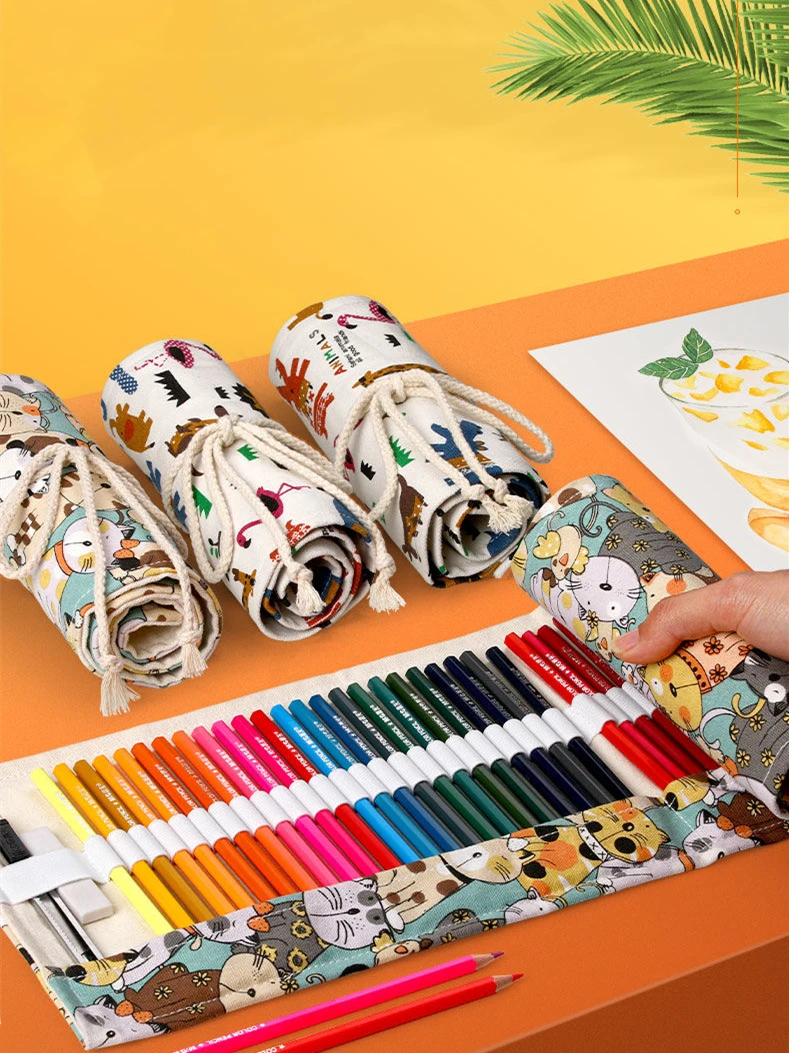 Estuche de lona escolar Kawaii para niñas y niños, estuche de lápices de colores con 24 agujeros, rollo de bandera con diseño de gato, 1 unidad