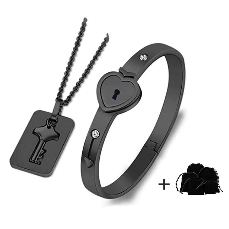 

Black Heart Bracelet Choker Set Jewelry Stainless Steel Key Pendant Necklace Women Men Lover Couples Valentines Day Gift