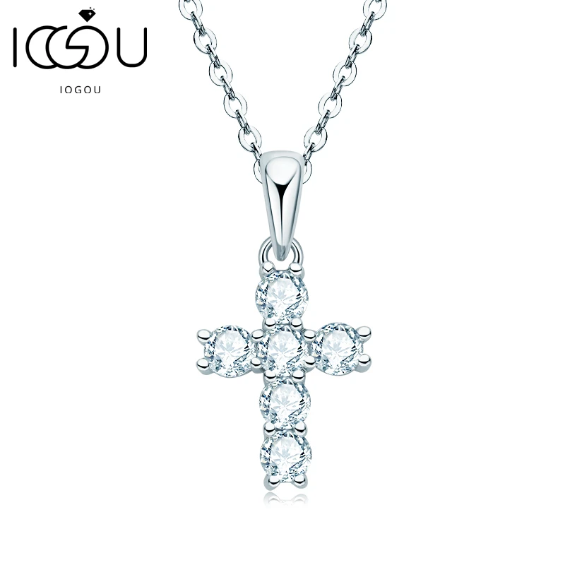 IOGOU Charm Choker 925 Sterling Silver Round Cut 3mm D Color Moissanite Cross Pendant Necklaces for Women Girls Fine Jewelry