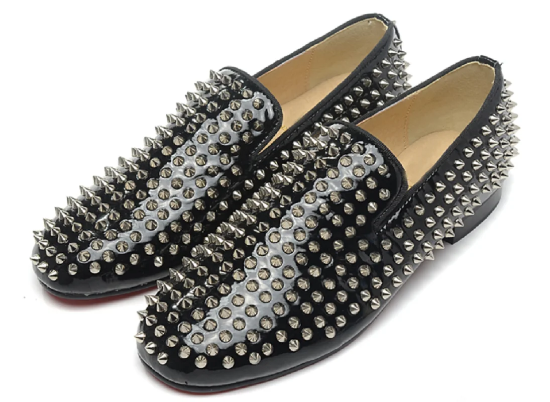 

2022 Fashion Design Black Patent Leather Silver Spiked Gentleman's Shoes Red Soles Lefu Shoes Casual Shoes