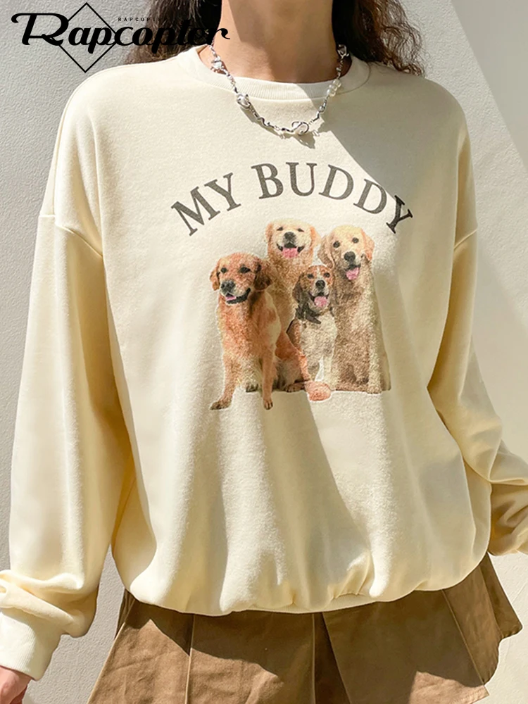 

Rapcopter y2k Letter Dog Printed Pullovers Yellow Full Sleeve O Neck Cute Vintage Sweatshirts Women Korean Aesthetic Chic Jumper