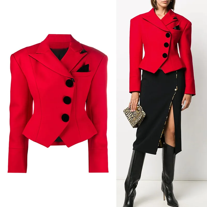 HIGH STREET Newest Fashion 2022 Designer Jacket Women's Slim Fitting Red Short Blazer