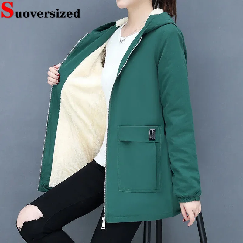 

Loose Hooded Mid-length Jackets Casual Women Plush Velvet Lined Casacos Winter Warm Thicken Streetwear 2023 New Korean Chaquetas
