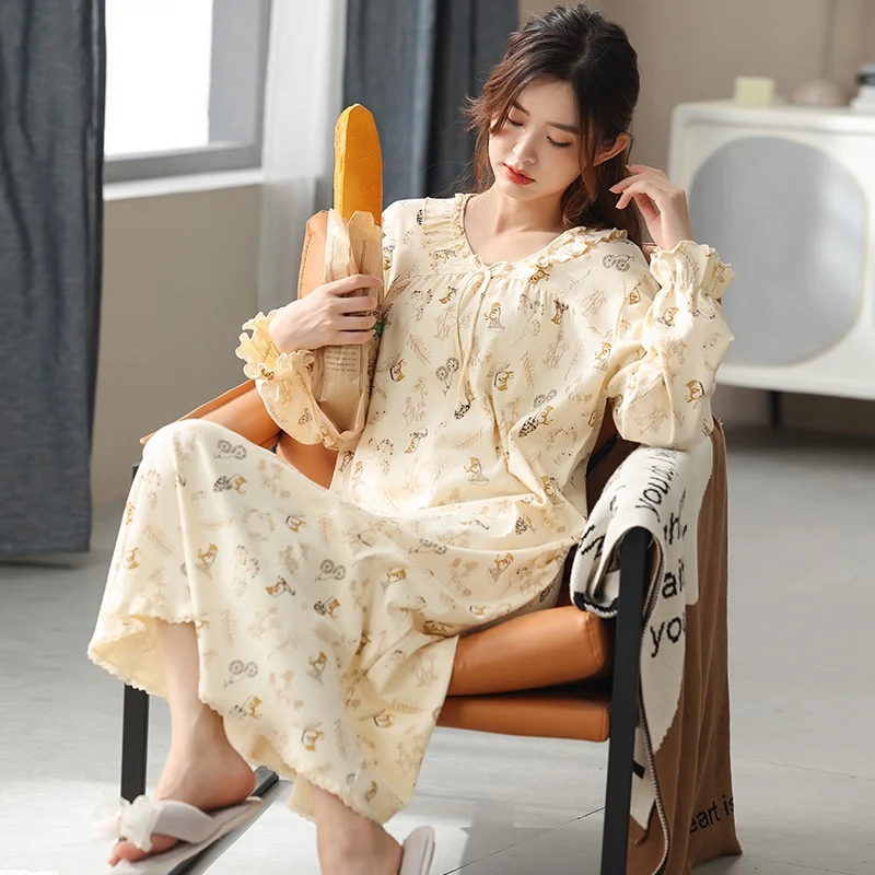 

2022 Autumn Plus Size Long Sleeve Sexy V-neck Cotton Print Nightgowns for Women Loose Sleepwear Long Dress Night Gown Nightdress