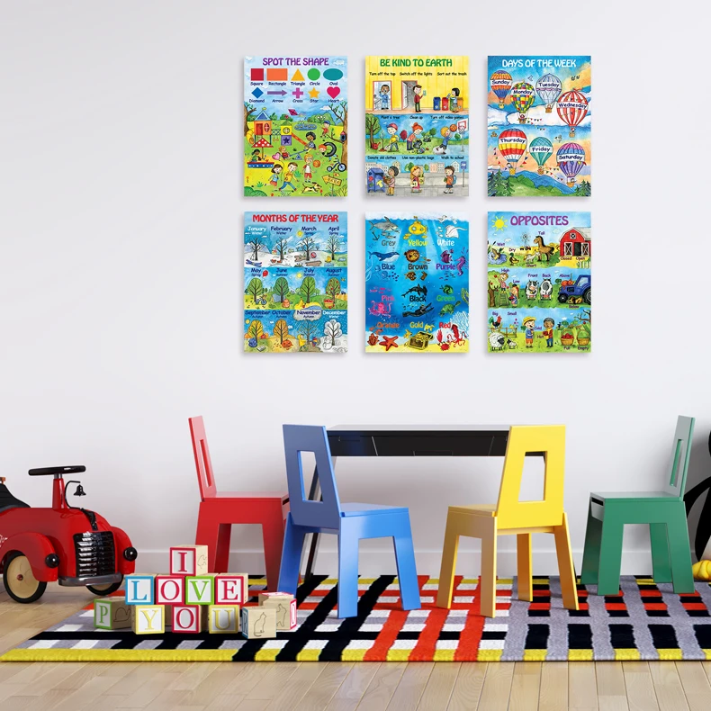 

Educational Posters for Preschool Kids Toddlers Classroom Learning-Alphabet Numbers Colors Time Silk Painting Picture
