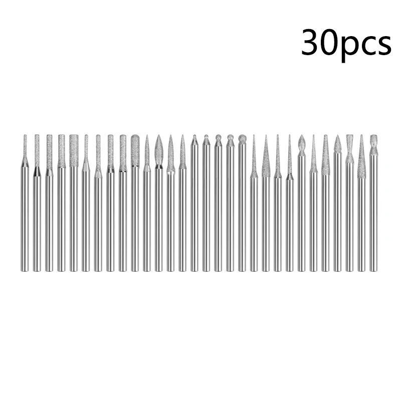 FENHAN Алмазные шлифовальные заусенцы, игла, 30 шт., 3,0 мм, хвостовик, гравировка, резьба, полировка стекла, нефритовый камень, сверло, вращающийся инструмент