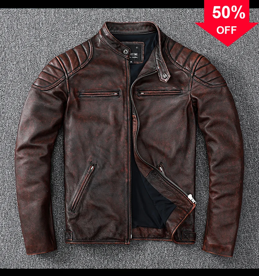

Aoottii 100% Genuine Leather Jacket Men Vintage Brown Natural Cowskin Coat Spring Autumn Mens Leather Jackets 21 Chaquetas H