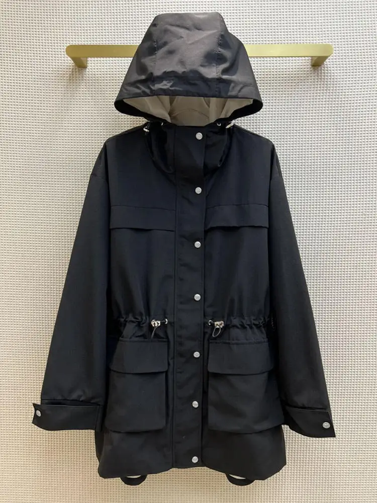

Women Fashion Black Hooded Oversize Trench Waist Fitted Color Block Spring Windbreaker Casual Female Spring Outdoor Coats