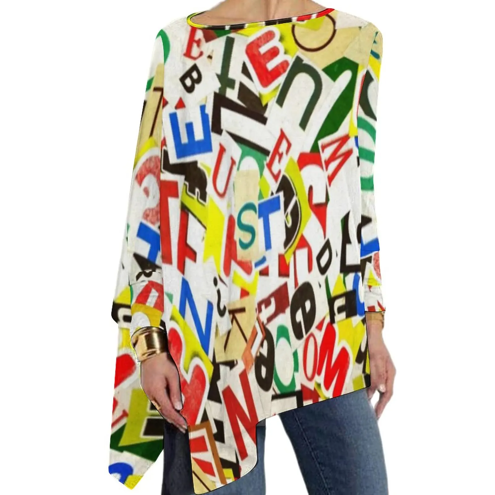 

Abstract Letters T Shirt Colorful Alphabet Funny Long Sleeve T Shirts Female Streetwear Tee Shirt Big Size Print Top Tees