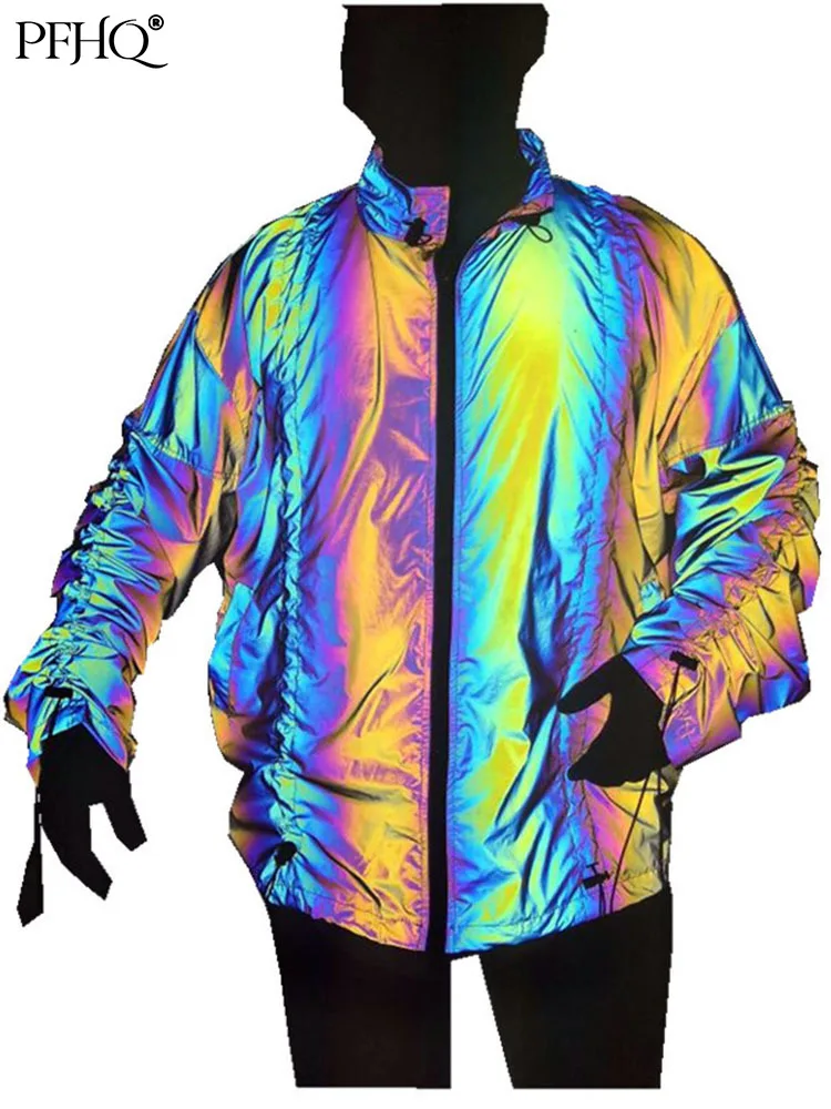 

PFHQ 2022 Spring Autumn Men's Reflective Stand Collar Jacket Outdoor Personality Coat Hip Hop Loose High Street Clothing 21Q1573