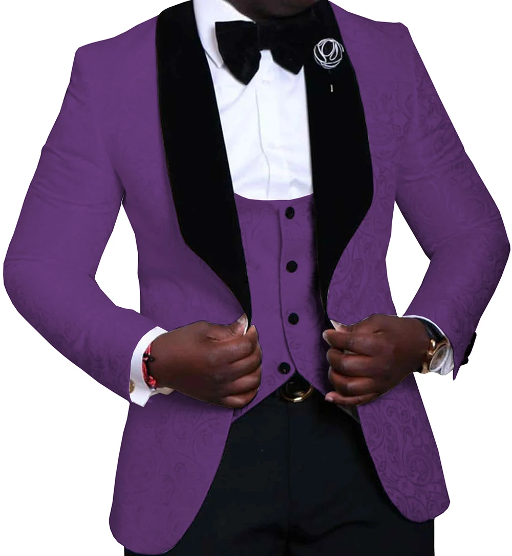

Purple Mens Suits 3 Pieces Floral Jacquard Black Shawl Lapel Groomsmen Tuxedos For Wedding Suits Men (blazer+vest+pants)