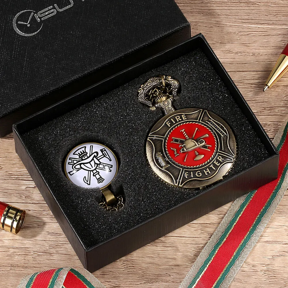 Antique Pocket Watch Necklace Set Men Classic Red Fire Fighter Quartz FOB Watches Pendant Chain Clock Gift Relogio De Bolso
