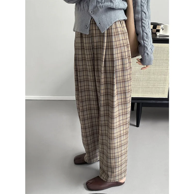 

Women's Plaid High Waist Wide Leg Pants Straight Elastic Waist Casual Pant