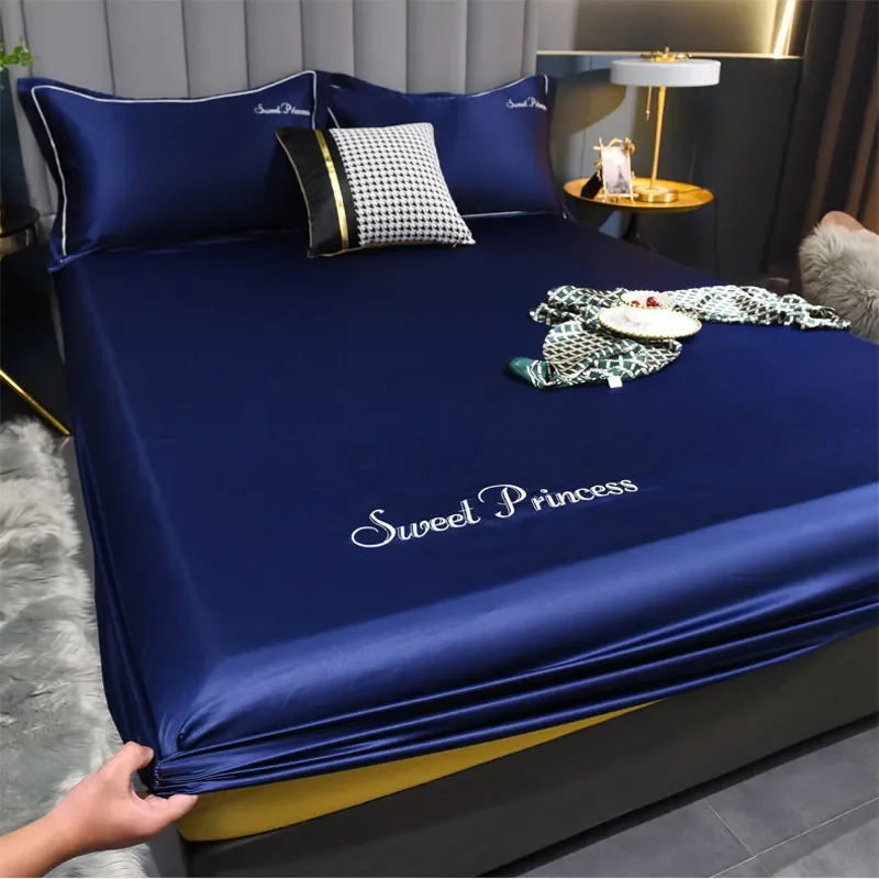 

2023 WOSTAR Washable bedsheet elastic fitted sheet mattress protector cover satin rayon embroidery luxury double bed sheet 90 15