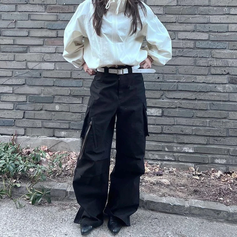 

Брюки Женские однотонные на молнии, Модные свободные штаны с широкими штанинами, с несколькими карманами, джоггеры-карго, прямые черные меш...