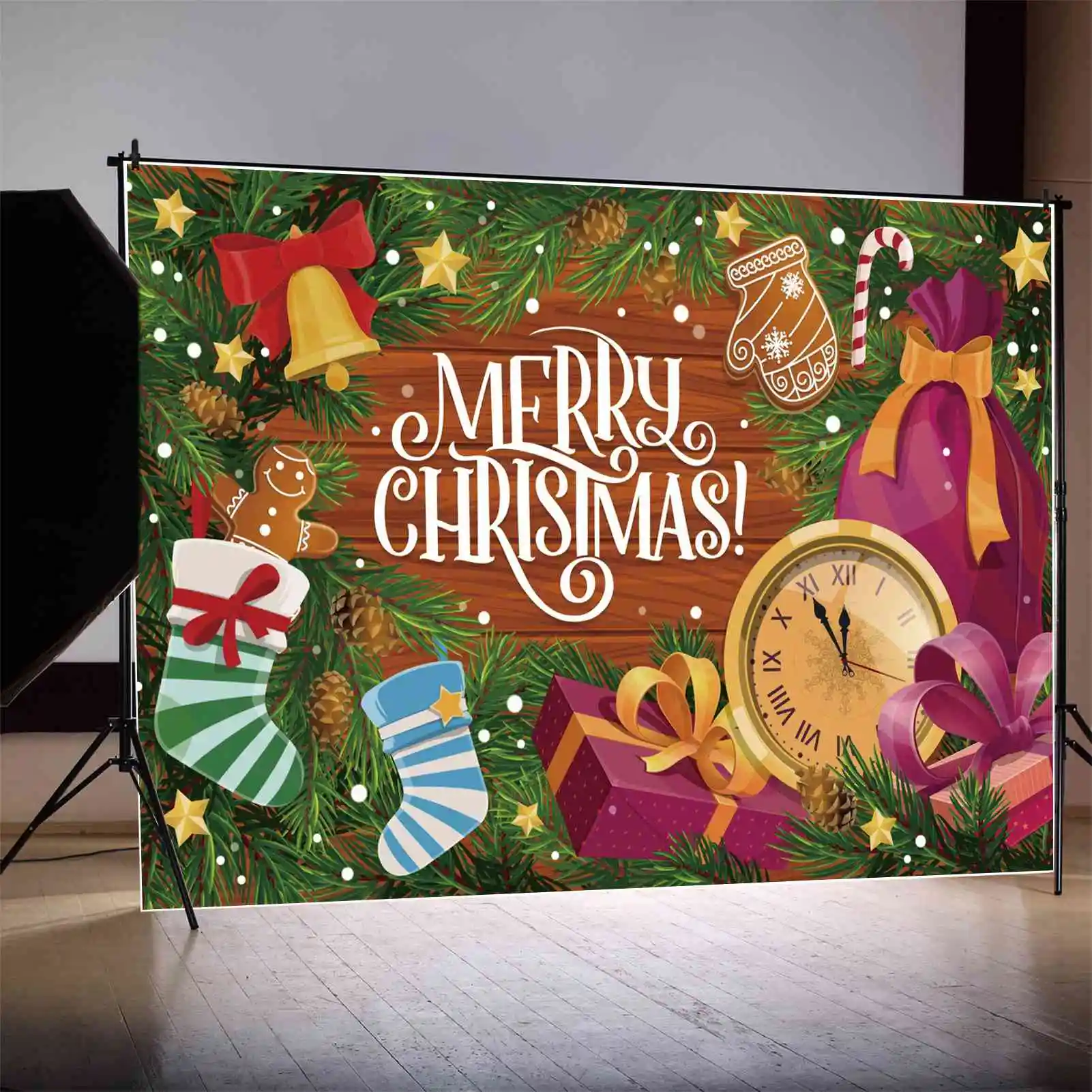 

MOON.QG Backdrop Wood Plank Merry Christmas Baby Party Banner Background Sock Bell Star Gift Bag Green Pine Decor Photo Booth