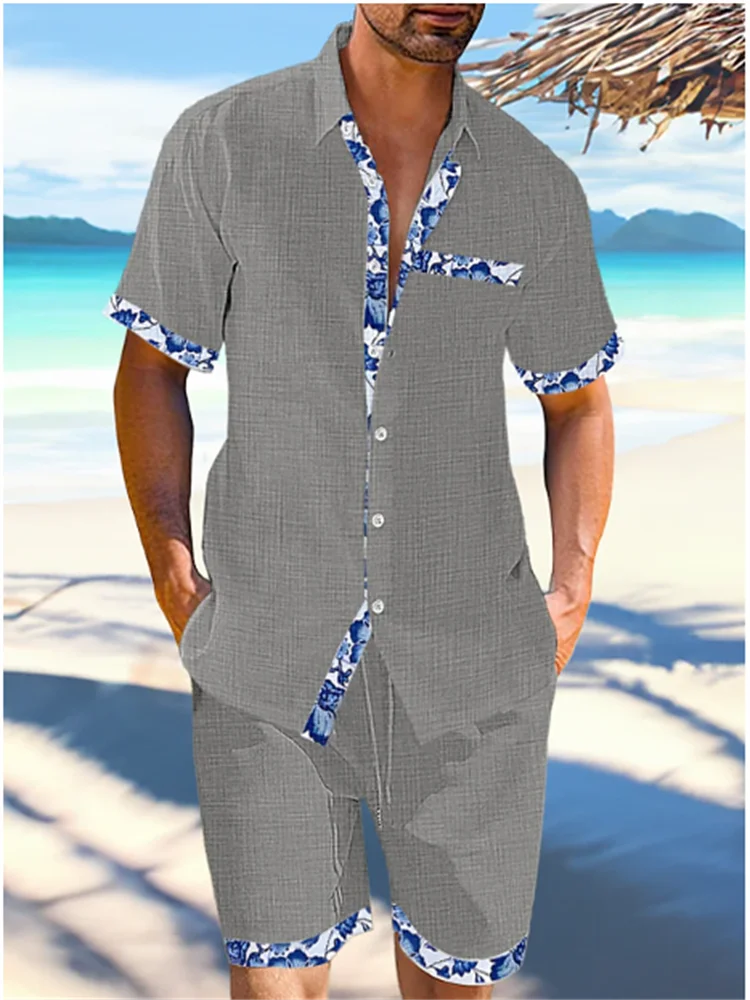 2023 New Fashion Men's Linen Short Sleeve Suit Hawaiian Shirt Shorts Summer Patchwork Casual Shirt Beach Two-piece Clothing