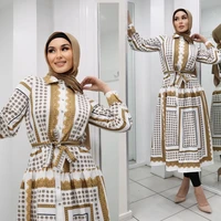 arab turkey vintage dress women print loose lace up single breasted dress women long sleeve turn down collar dress muslim dress
