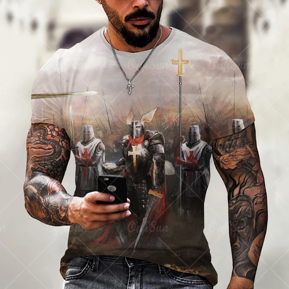 

2023 Summer Men's T-shirt Vintage Crusader Print 3DT T-shirt Short Sleeve Pattern Large Top Loose Street Harajuku Clothing