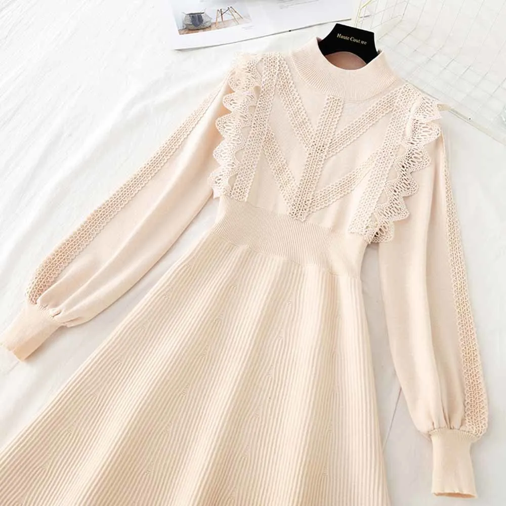 Женское трикотажное мини-платье-свитер повседневное ТРАПЕЦИЕВИДНОЕ кружевное