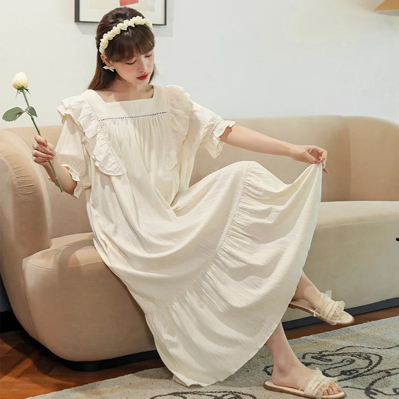 

Sweet Ruffles Women Long Nightdress Sleepwearretro Palace Princess Style Nightgown Home Dress Spring Summer Cotton Loungewear
