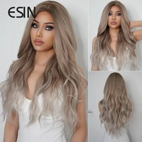esin synthetic long grey brown wavy wigs for women curly blonde hair wig for daily use middle parting