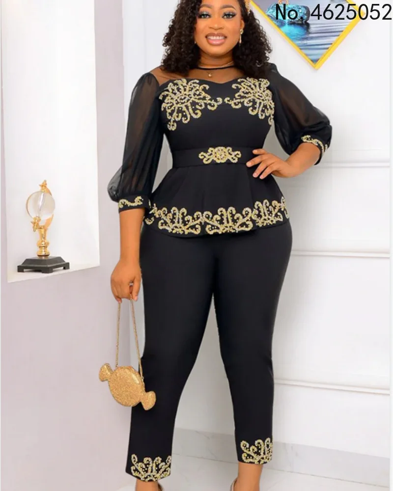 

2022 Spring Autumn African Women O-neck Half Sleeve White Black Polyester Two Pieces Sets Top and Long Pant African Suit S-5XL