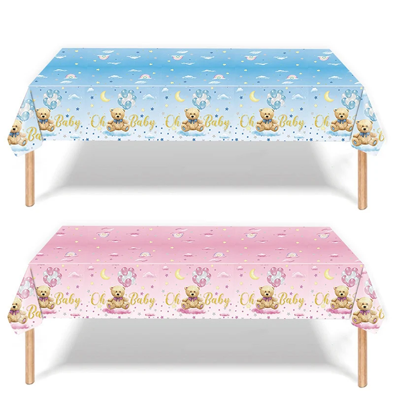 

Pink Blue Bear Tablecloth 137x274cm Rectangle Oh Baby Table Cover for Kids Boy Girl Baby Shower Party Table Decorations
