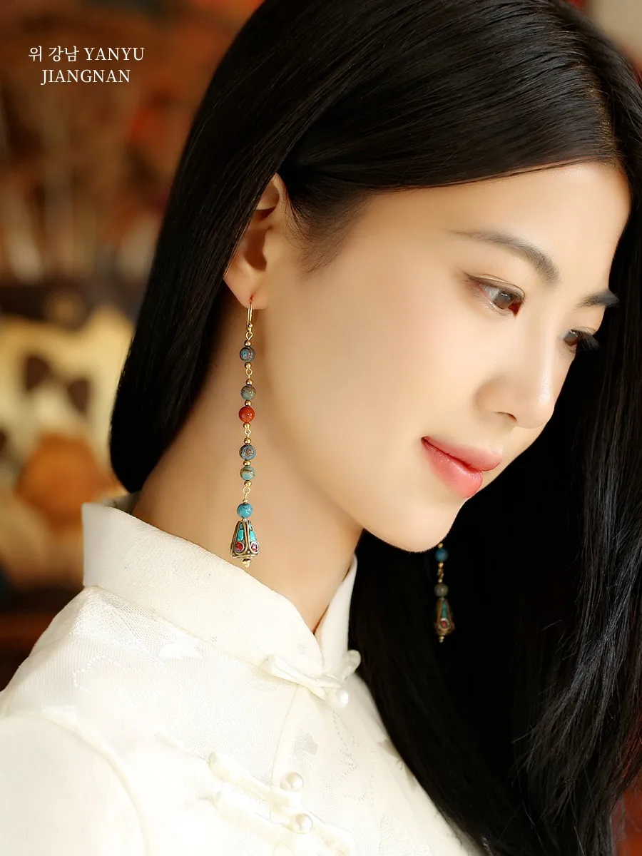 Ранние серьги Mengyu Smoky Rain Jiangnan оригинальный дизайн длинные женские в этническом