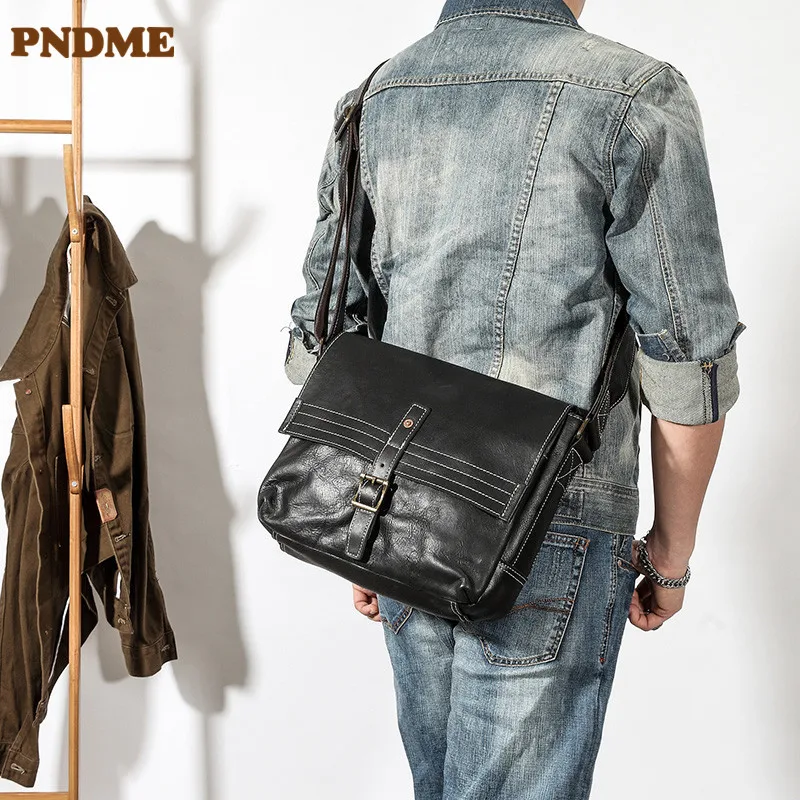 PNDME fashion casual genuine leather men's messenger bag outdoor designer luxury real cowhide large capacity black shoulder bag