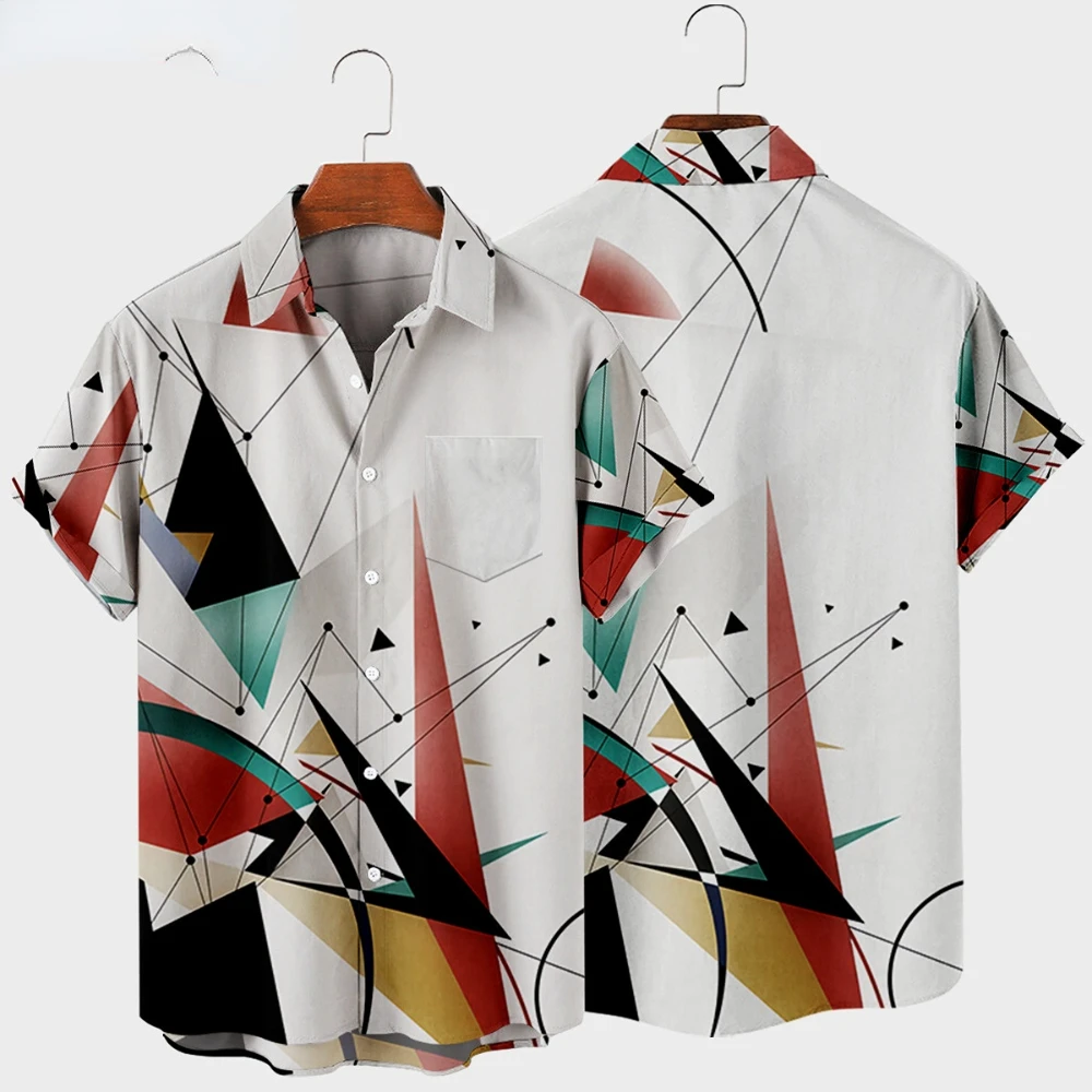 Men's lapel short-sleeved shirt, large size geometric printed shirt, Harajuku style with pocket, 2023 men's wear