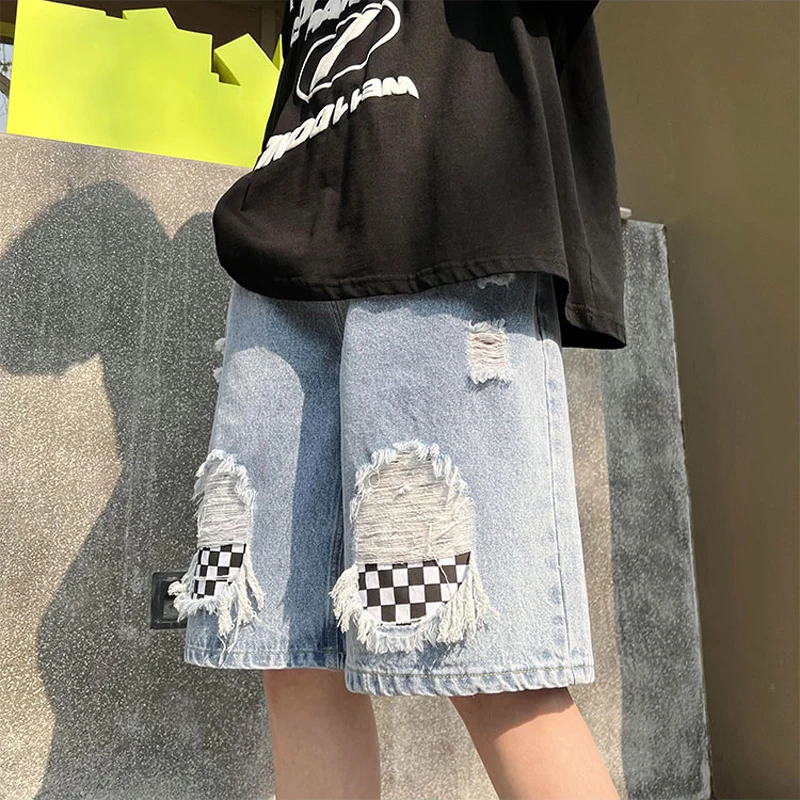 Summer Patchwork Jeans Shorts for Men Korean Fashion Trends Ripped Streetwear Bottoms Teen Baggy Denim Short Pant Casual Clothes