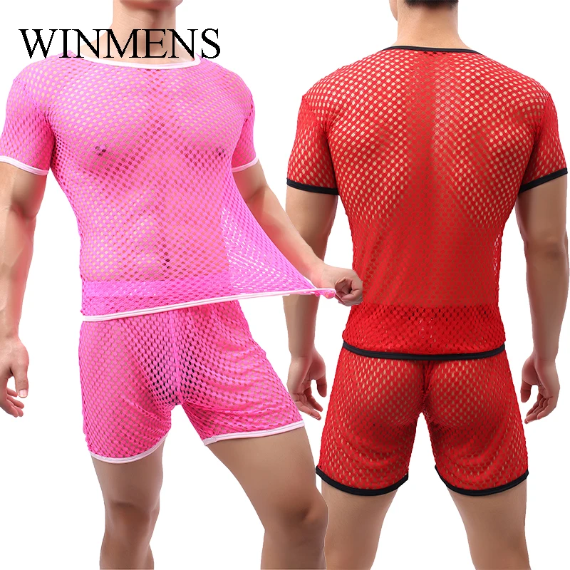 

Men's Fishnet See Through Undershirts Summer Funny Cut-outs Mesh Short Sleeve Shirts Ultra Elastie Sheer Gay Bodysuit Breathable