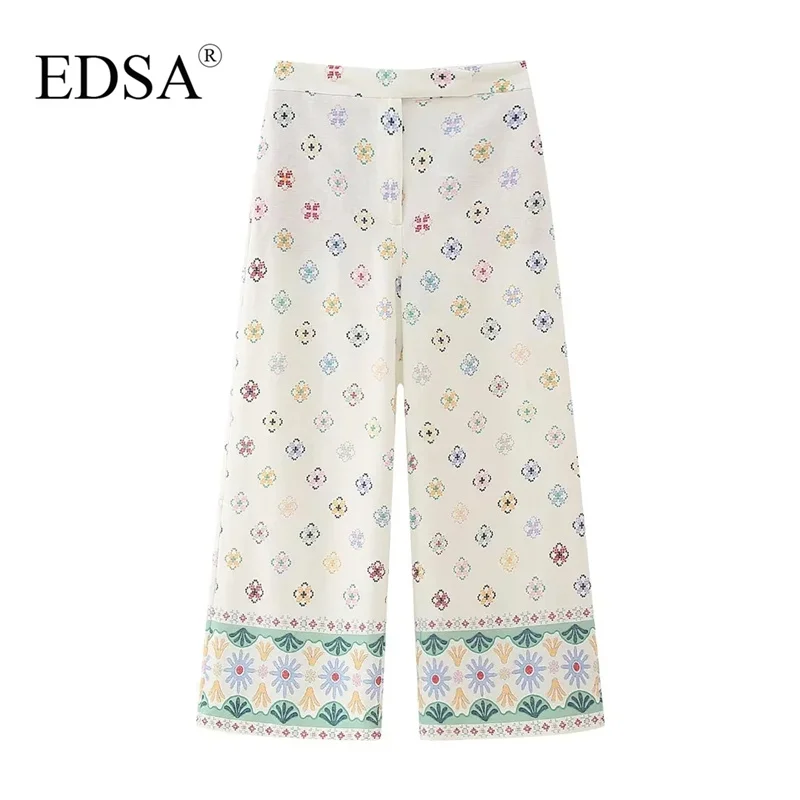 

EDSA Women Elegant Printed Culotte Trousers New High Waist Wide Leg Long Pants Zip Fly Inside Button Streetwear