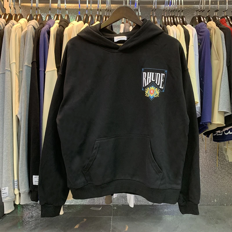 

2022fw Rhude Hoodie Men Women 1:1 Best Quality Cartoons Printing Loose Sweatshirts Black Apricot Casual Pullovers