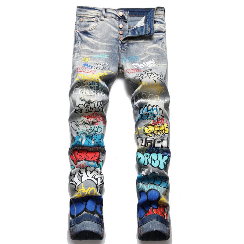 Graffiti Embroidered Jeans Men's Four Seasons Punk Style Elastic High Street Fashion Zipper Slim Fit Gradient Color 2023