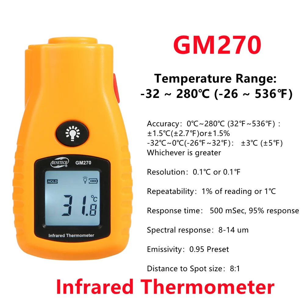 

5PCS BENETECH -32℃~280℃ Digital Infrared Thermometer GM270 Non-Contact Handheld Laser IR Pyrometer Infrared Laser Thermometer