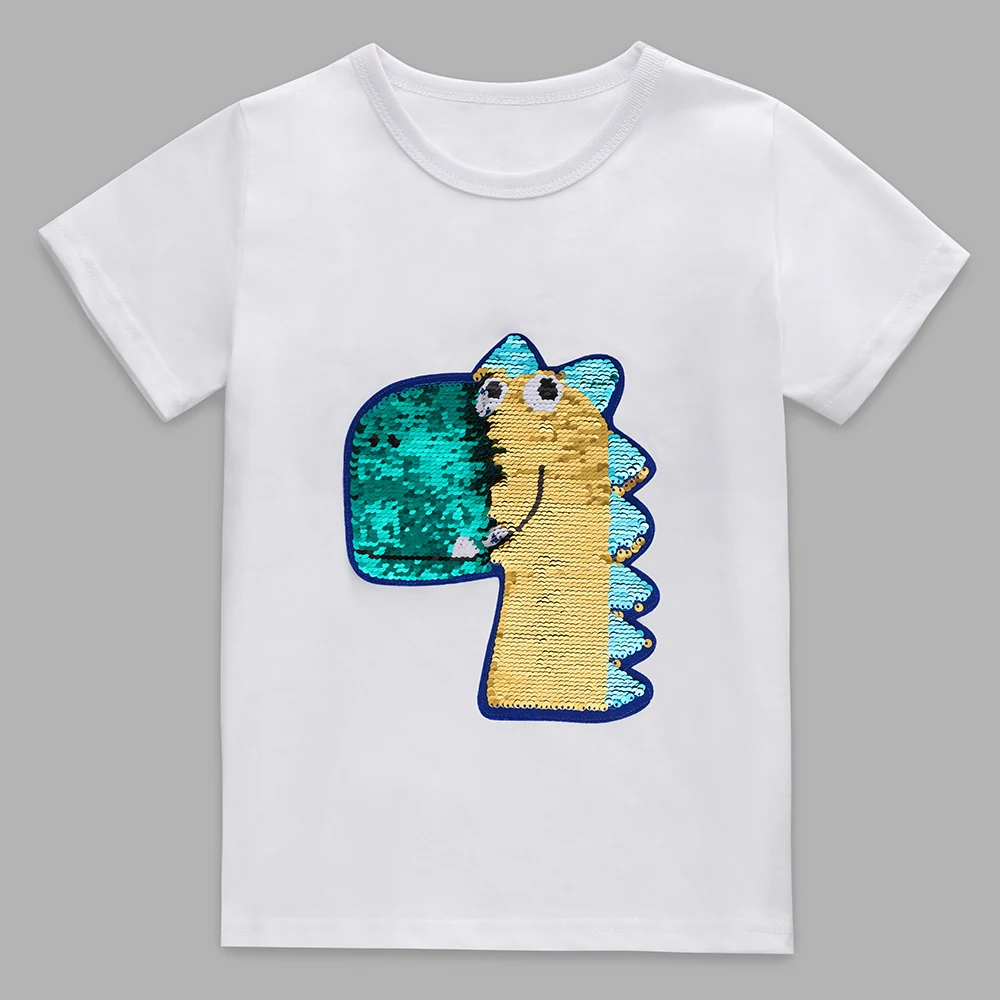 Color Change Dinosaur Sequin T-shirts Boys Summer Cotton Fashion O-neck Tops Tees Kids Children Clothes