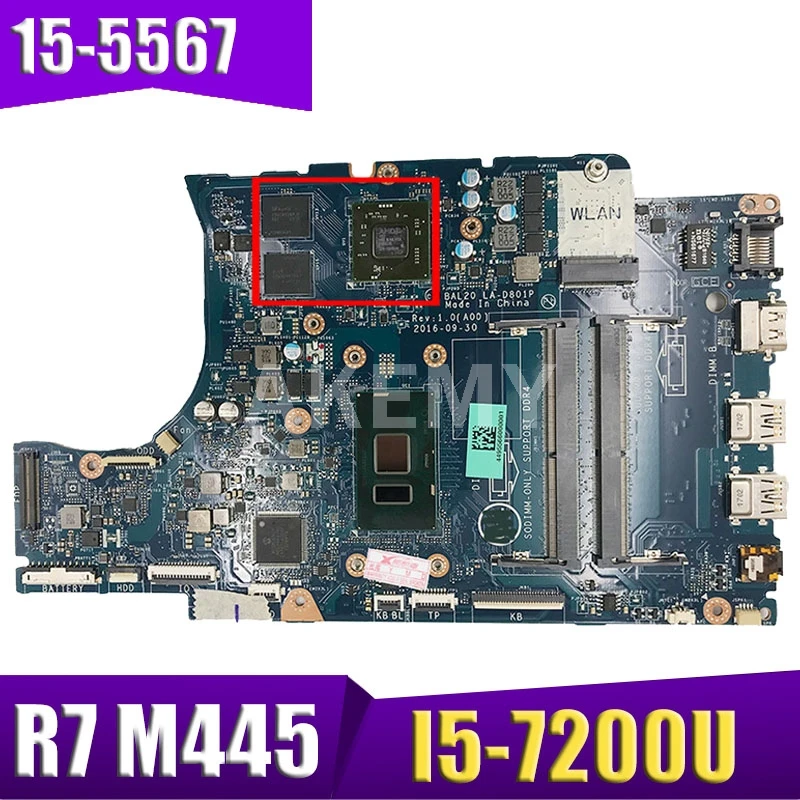 

Akemy BAL20 LA-D801P Main board for INSPIRON 15-5567 5567 CN-02PVGT 02 PVGT Laptop motherboard SR2ZU I5-7200U Radeon R7 m445