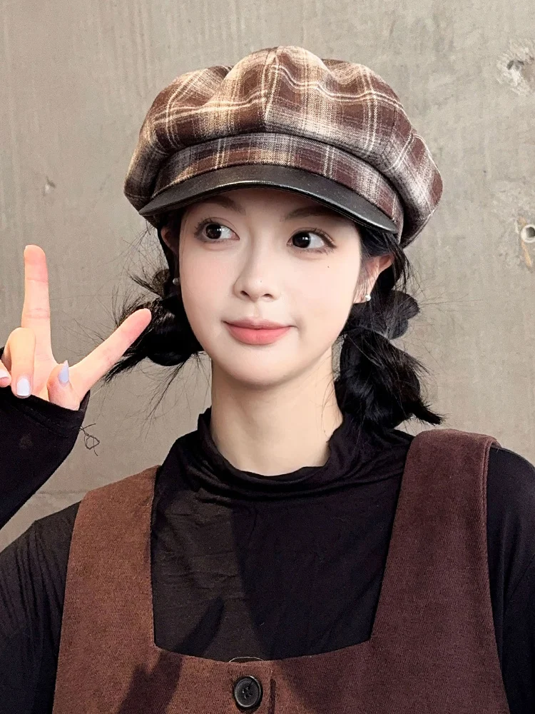 Ретро клетчатая шляпа с полями восьмиугольная для женщин новинка 2024 модная
