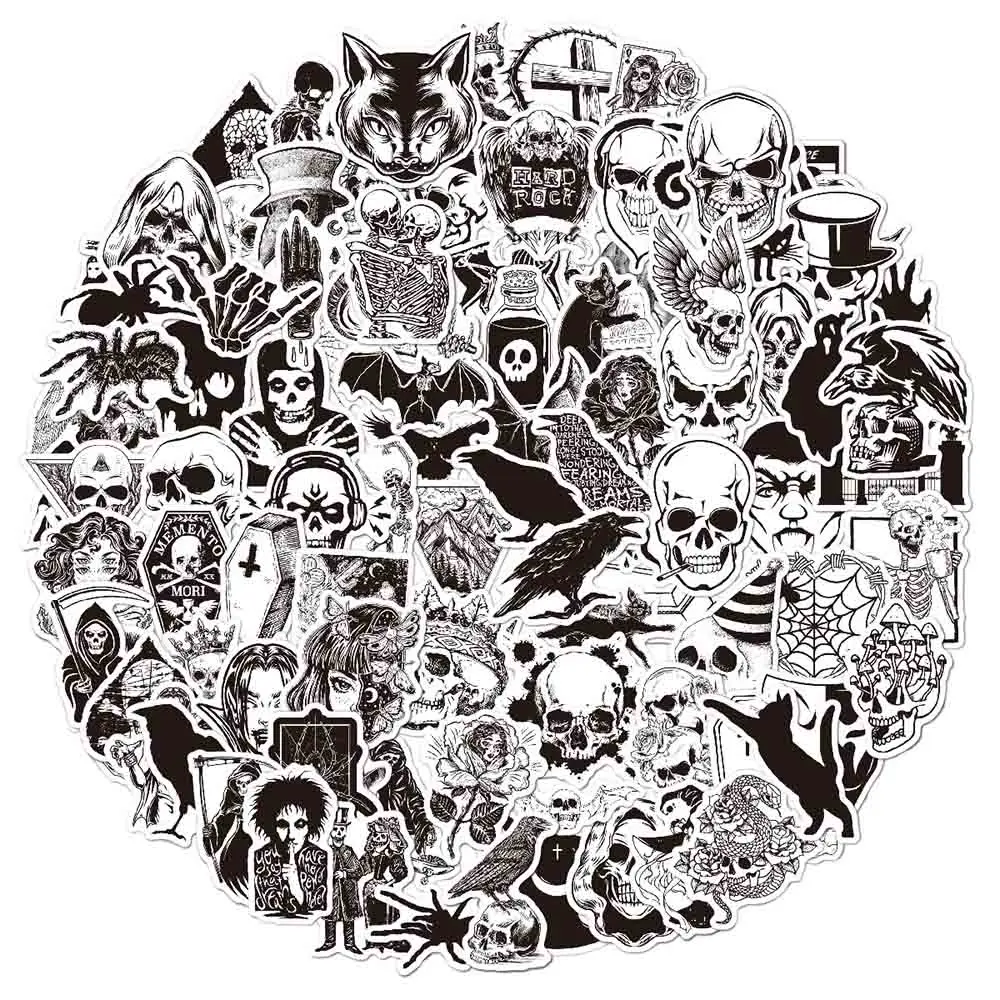 

10/30/50/100pcs Retro Gothic Style Black and White Stickers Cool Graffiti Luggage Laptop Car Waterproof Kids Horror Sticker Toy